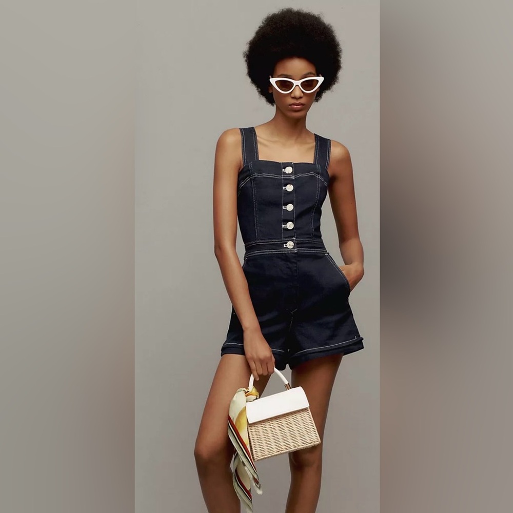 Maeve Anthropologie The Portside Button-Front Romper in the denim edition